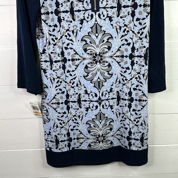 ALFANI Blue Cream Lace Overlay Zipper Back 3/4 Sleeve Mini Tunic Dress Small - Picture 4 of 11